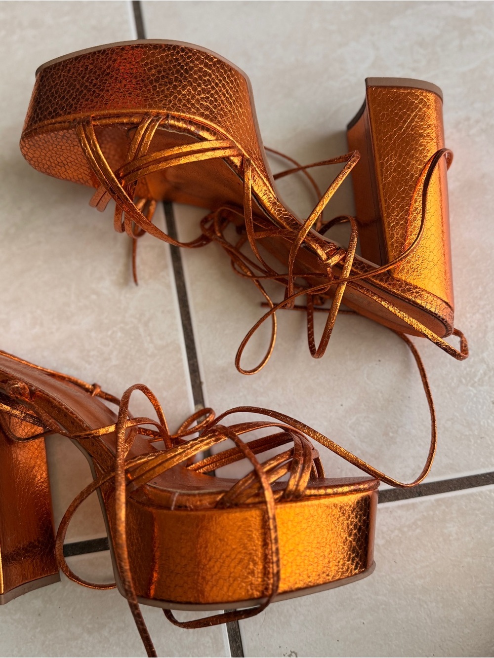 Metallic Orange Platform Lace-Up Heels - Women